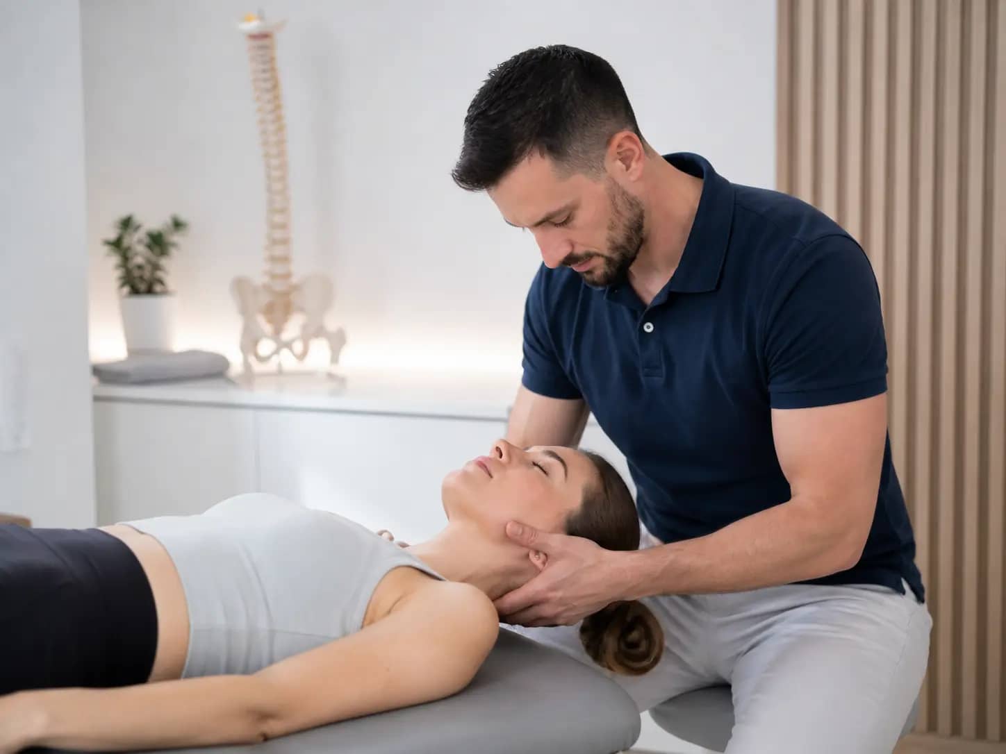 Fizjoterapeuta wykonuje terapię manualną odcinka szyjnego kręgosłupa pacjentki